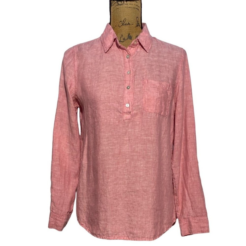Jones And CO NY S 100% Linen Tunic Top Button Down Shirt Heather Red Long Sl